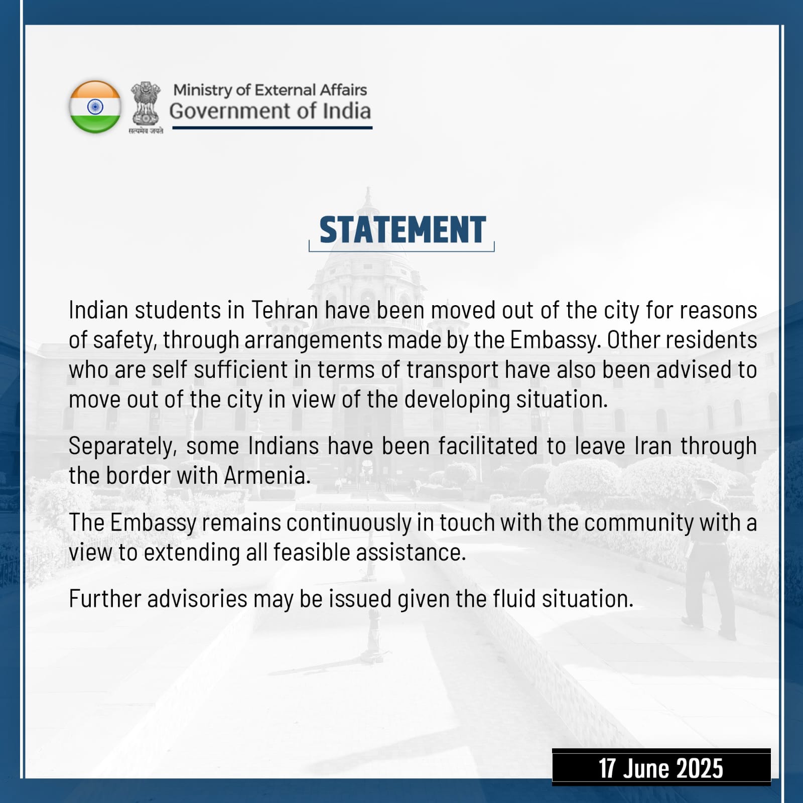 Indian students in Tehran relocated, evacuation via Armenia facilitated: MEA